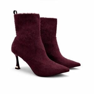 NWT Cosyisland LuxeFur Pointed Toe Stiletto Ankle Boots - Velvet Burgundy